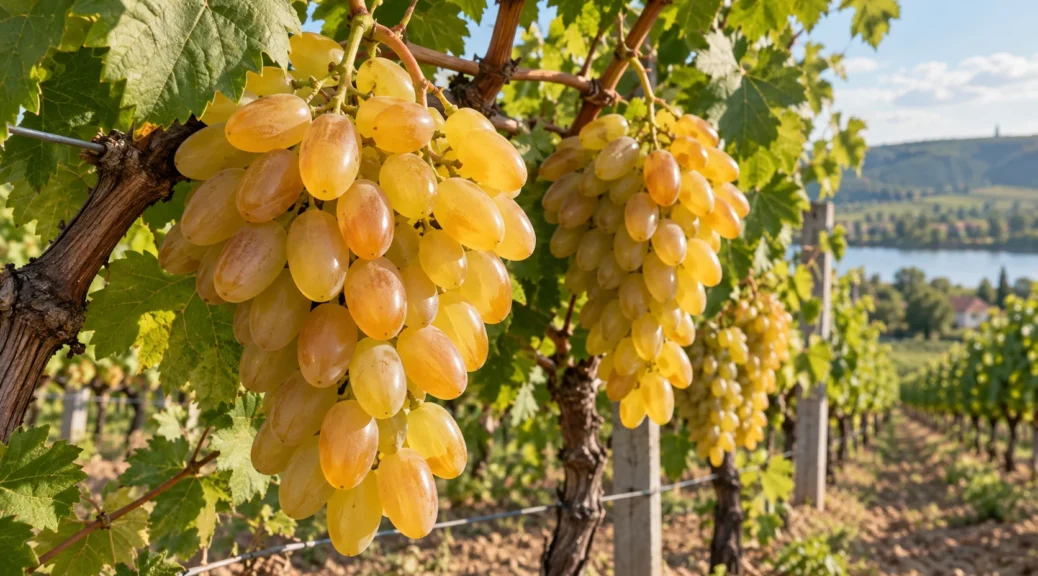 Золотистые грозди винограда Прима Украины на лозе